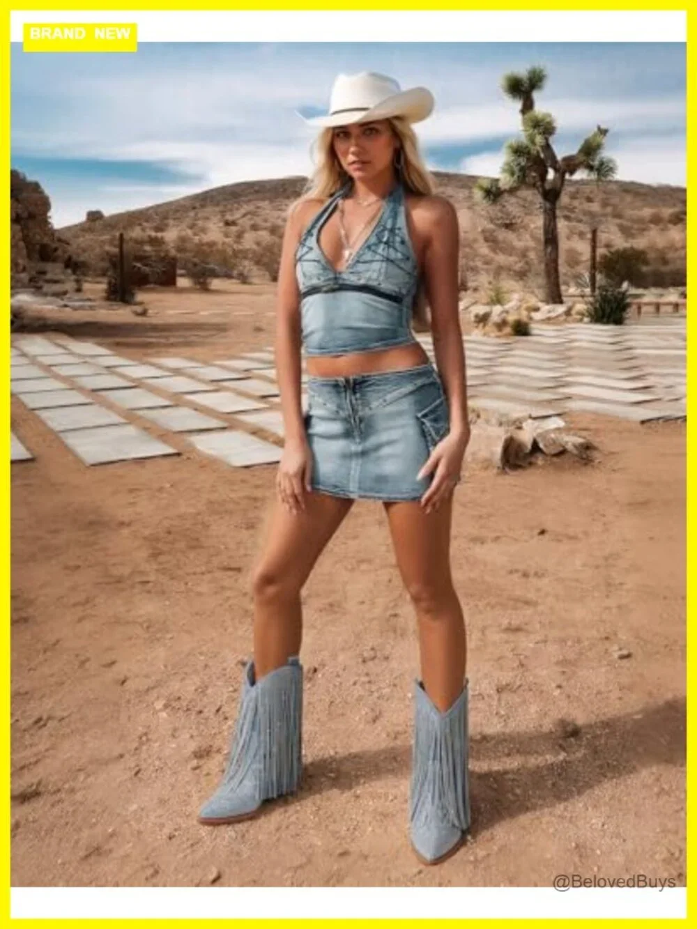 Cowgirl Western Rhinestone Fringe Chunky Heel Pointed Toe Mid Calf Boots